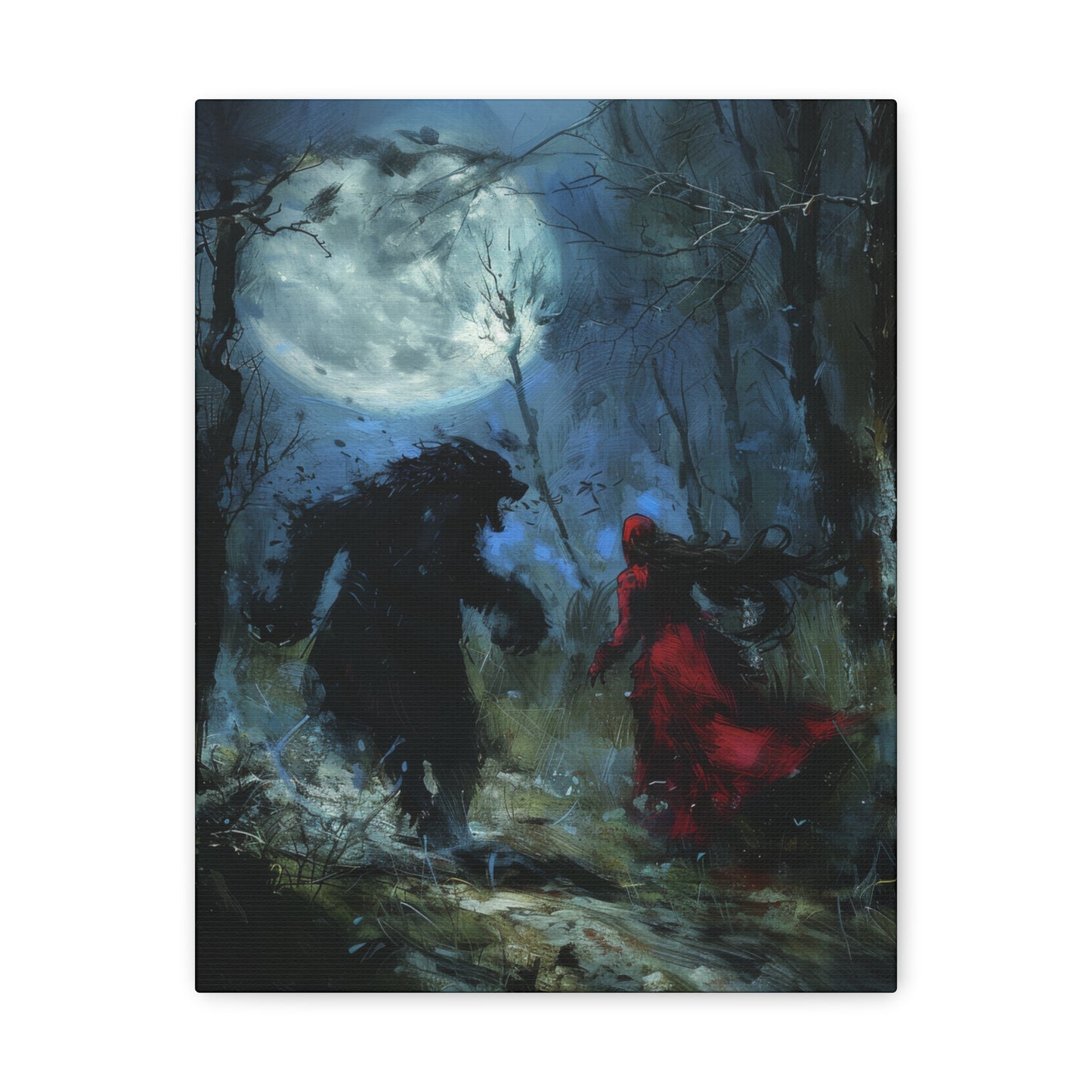 A suspenseful scene unfolds as Little Red Riding Hood faces a menacing wolf, capturing the essence of a horror fairytale.