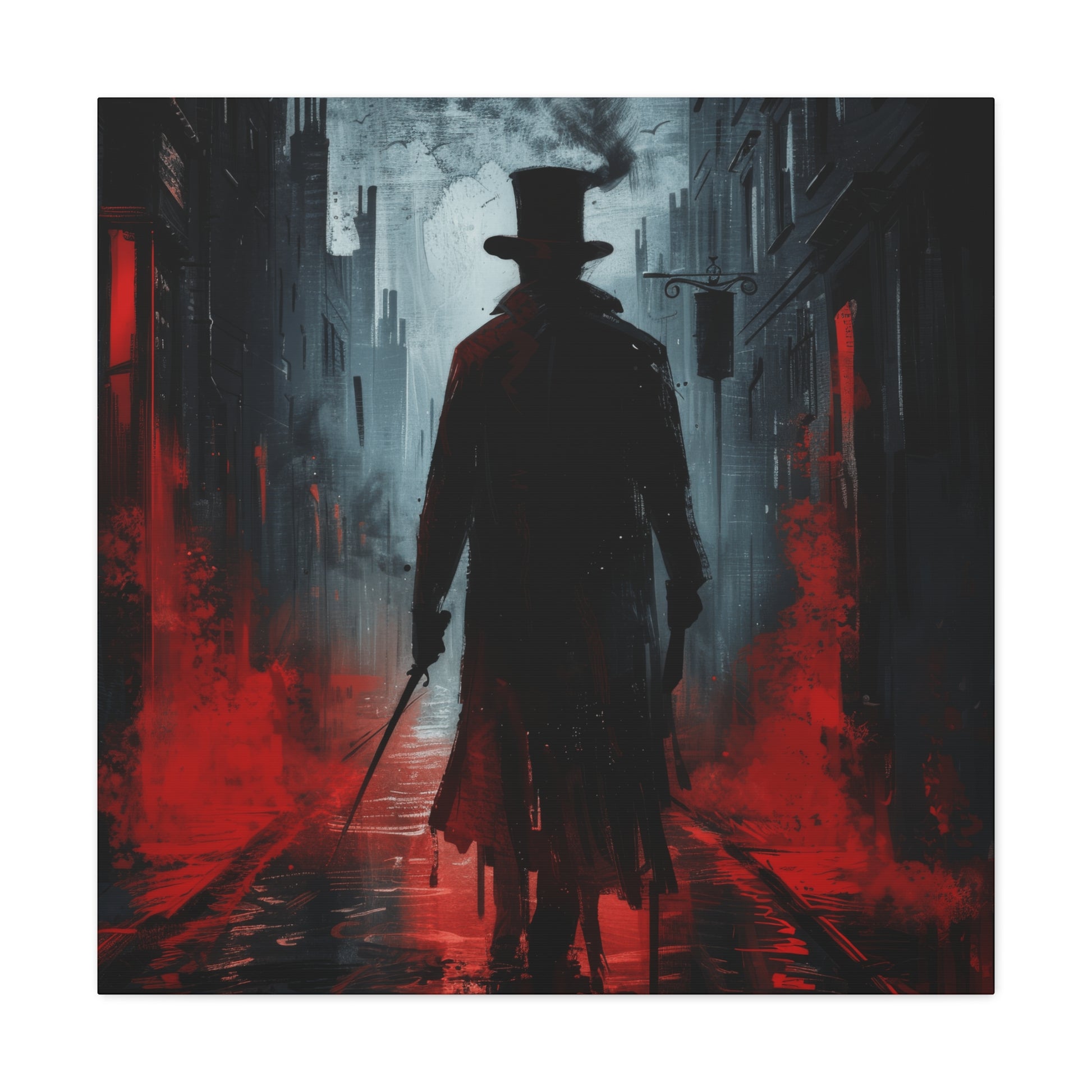 A mysterious silhouette in a Victorian-era trench coat stands in a foggy alley, surrounded by chilling red mist and urban horror depicting Jack-the-Ripper.