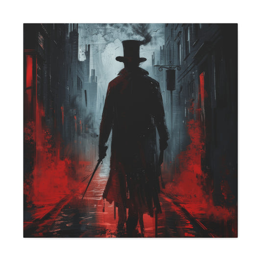 A mysterious silhouette in a Victorian-era trench coat stands in a foggy alley, surrounded by chilling red mist and urban horror depicting Jack-the-Ripper.