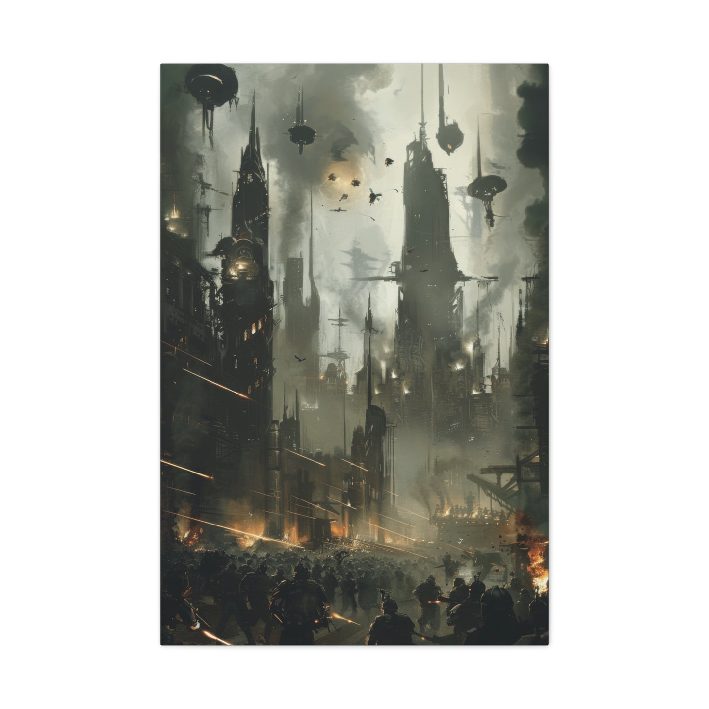 A chaotic dystopian cityscape filled with towering buildings, crowds, flying drones, and smoke from fires, depicting a war zone.