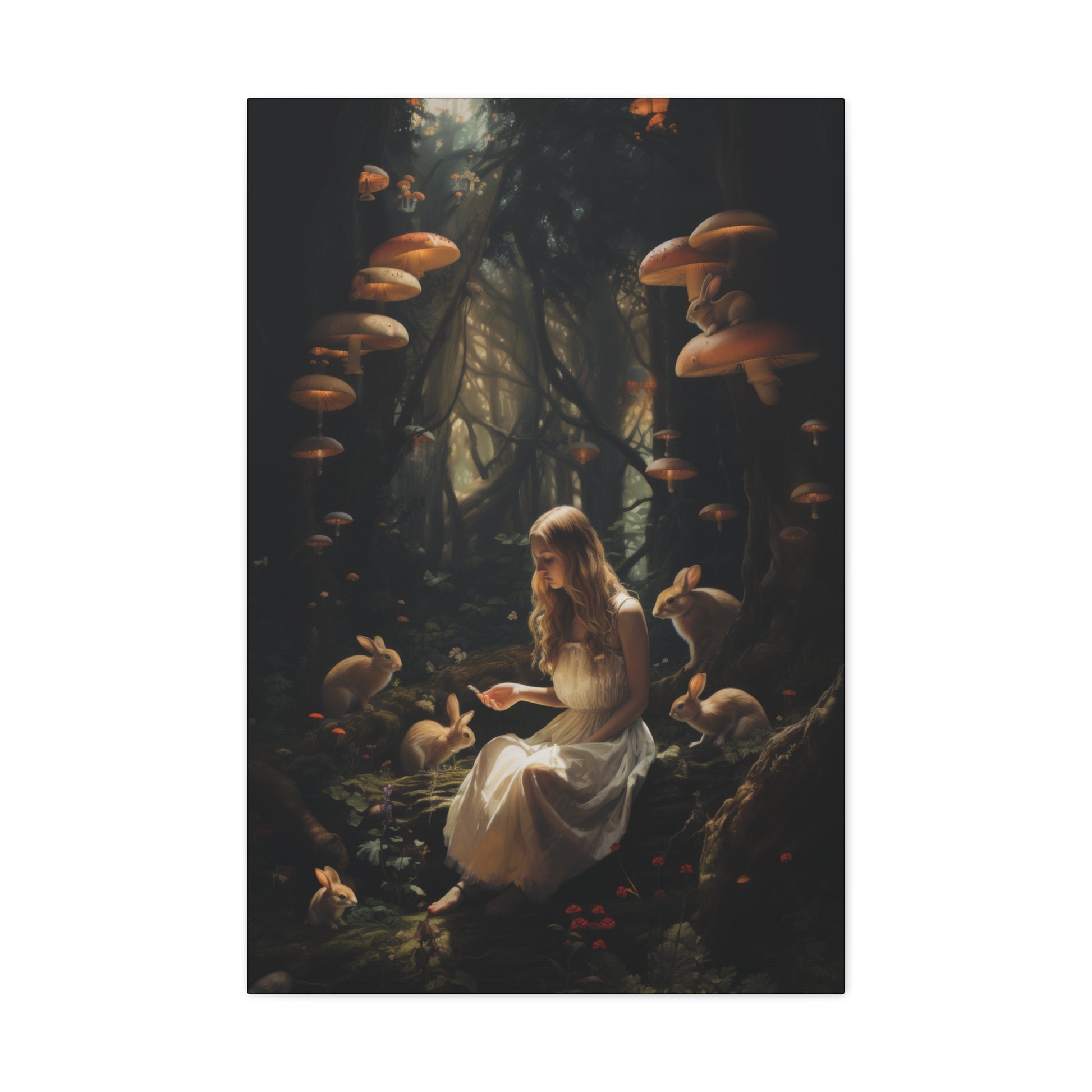 A woman in a flowing white dress relaxes in a mystical woodland, surrounded by glowing mushrooms and charming rabbits, fairy-tale magic.