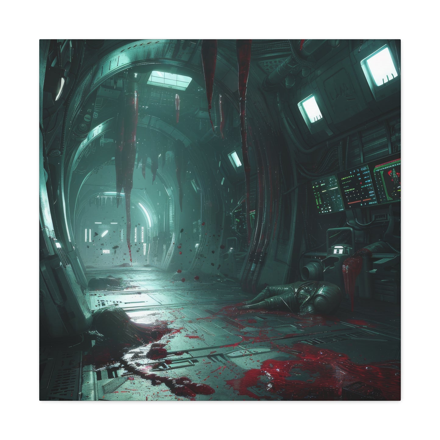 A gruesome sci-fi hallway drenched in blood, with flickering lights and a lifeless body, capturing the horror of Alien Isolation.