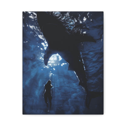 In a chilling underwater scene, a woman swims beside a shadowy shark, light rays filtering through the dark ocean above.