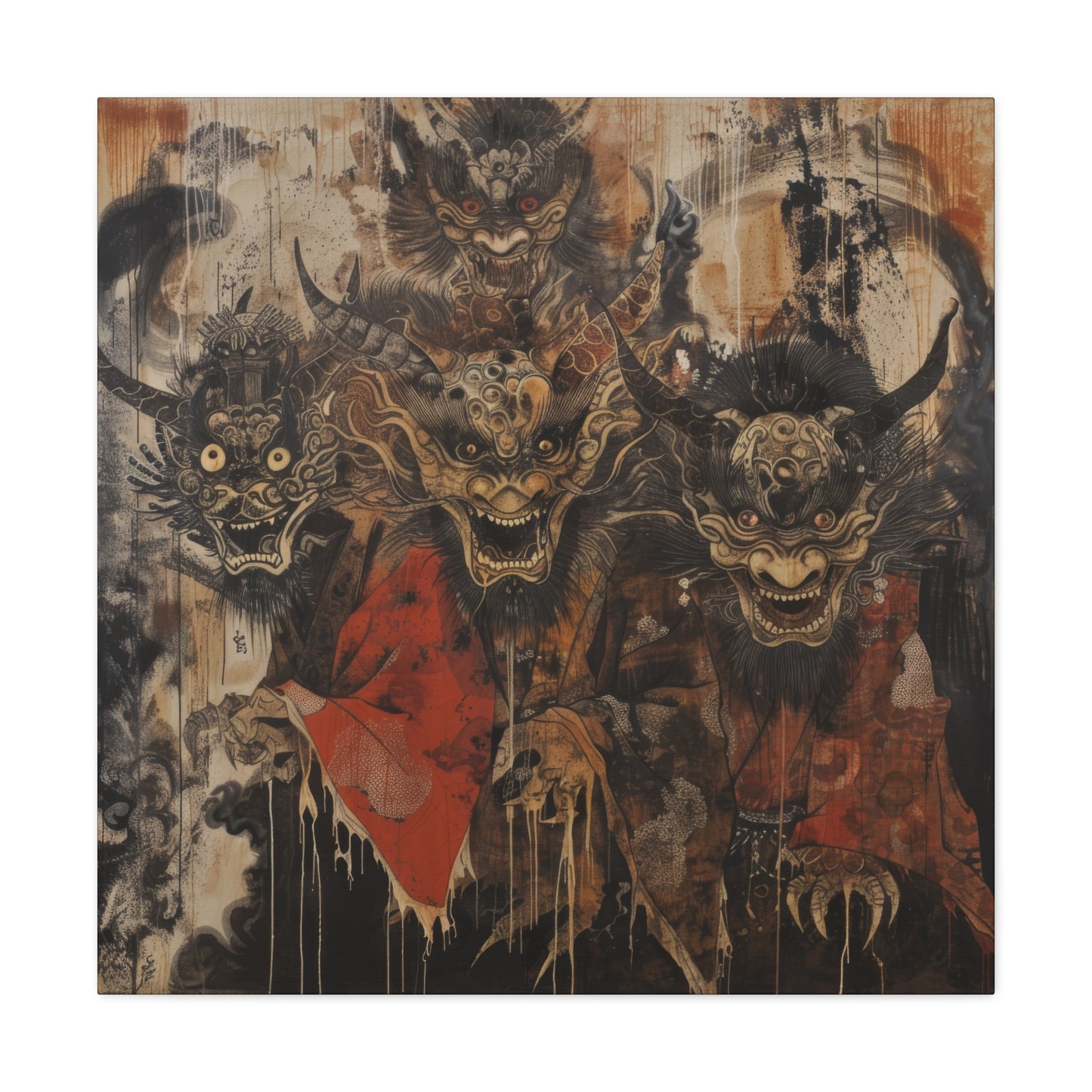 A haunting painting featuring three grotesque demon heads, showcasing eerie expressions and traditional Japanese folklore elements.