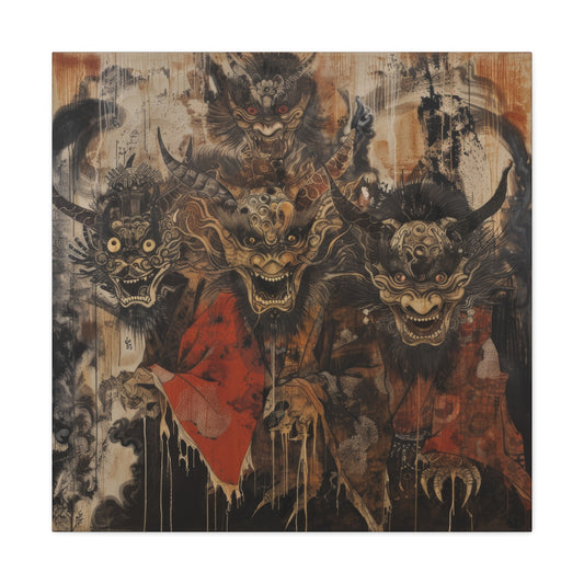 A haunting painting featuring three grotesque demon heads, showcasing eerie expressions and traditional Japanese folklore elements.