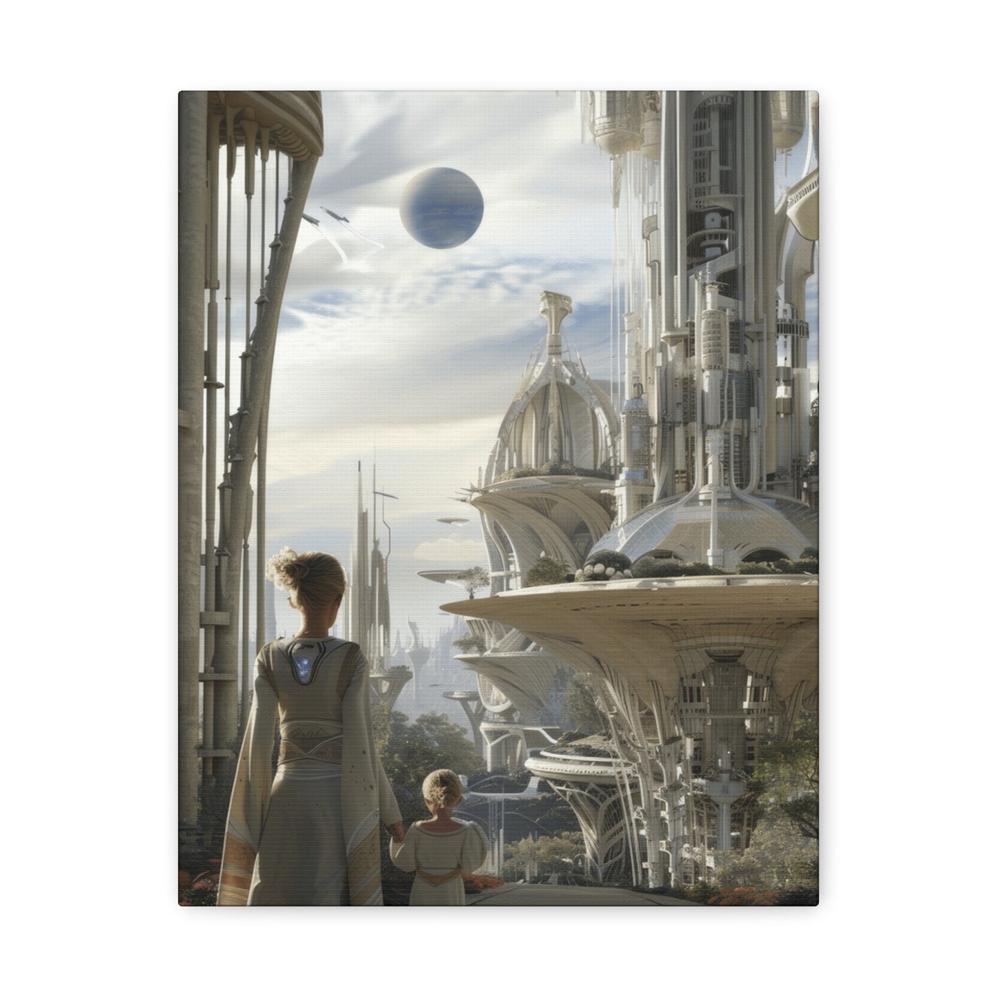 A woman and child in futuristic robes stroll through a stunning city with elegant architecture and a distant planet overhead.