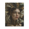 Enigmatic woman in a cottagecore portrait, featuring a butterfly mask and golden feathers, embodying mystical woodland beauty.