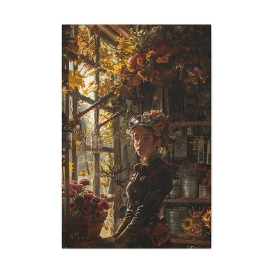 A woman in goggles and steampunk attire stands in a flower shop, surrounded by autumn blooms and vintage gardening tools.