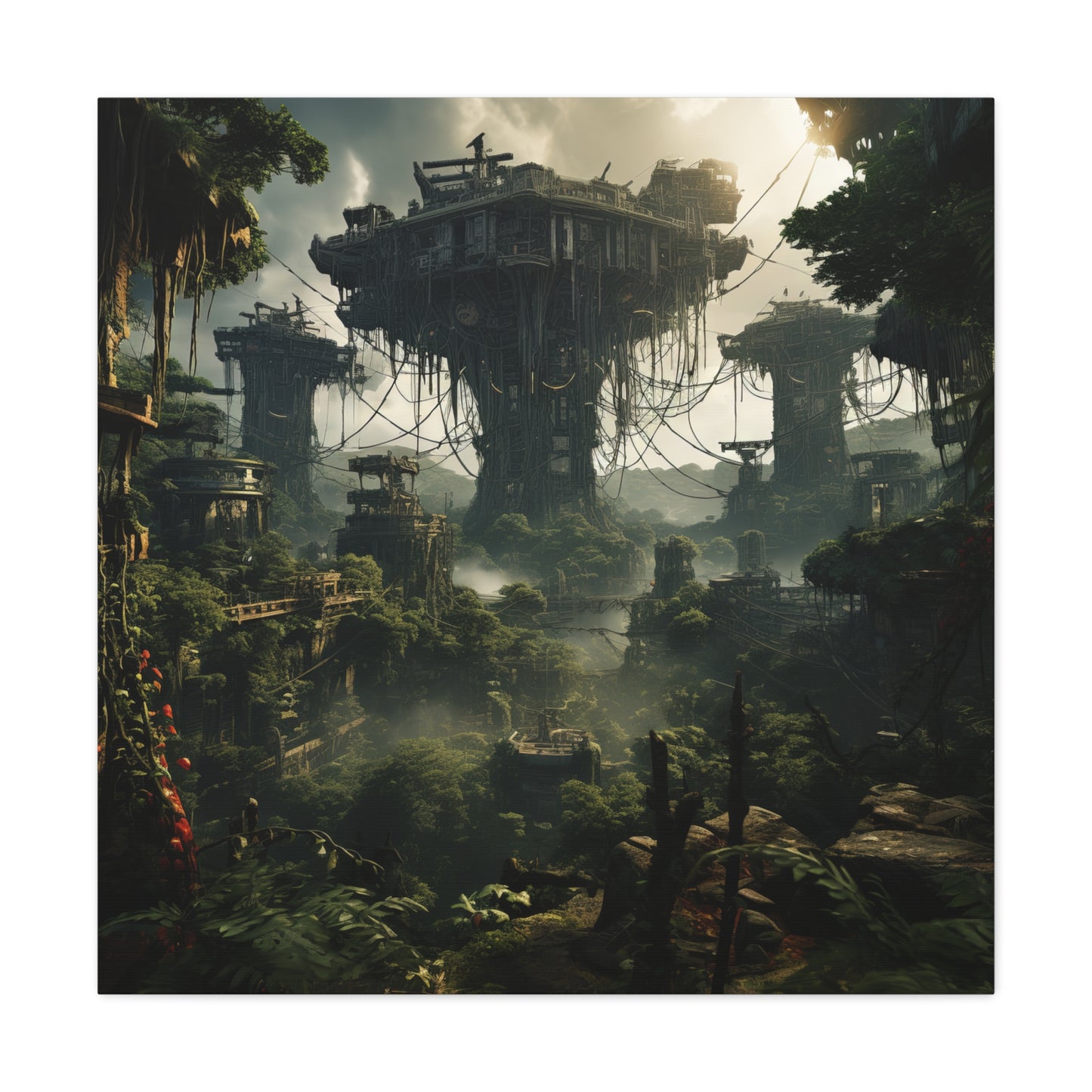 A post-apocalyptic jungle featuring a massive tree surrounded by overgrown ruins and remnants of ancient machinery.