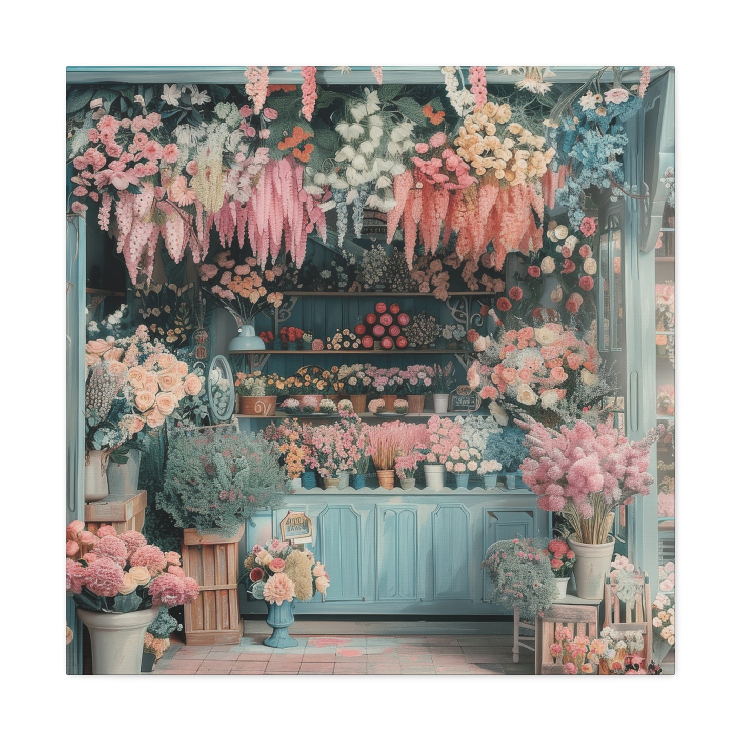 A cozy cottagecore flower shop with pastel arrangements, pink and blue walls, and a romantic ambiance of blooming flowers.