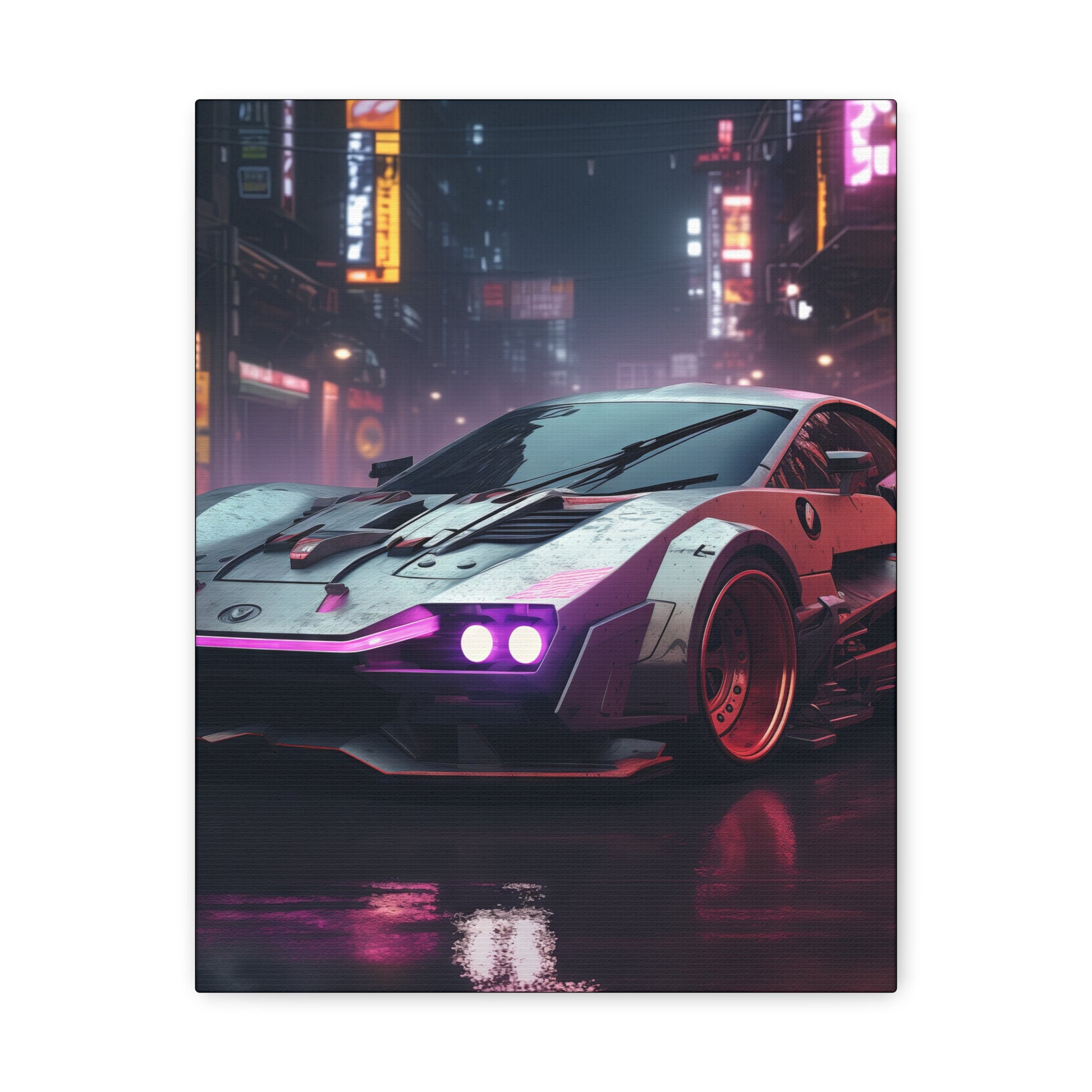 Futuristic sports car with glowing purple headlights parked on a wet street, surrounded by neon lights in a cyberpunk city.