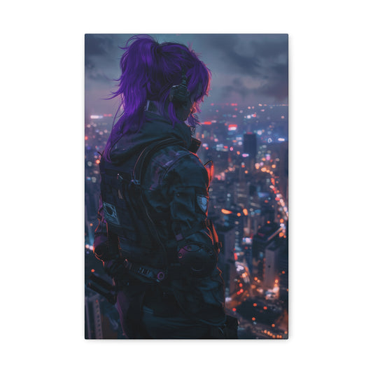 A woman with striking purple hair and tactical gear stands on a rooftop, surveying a vibrant, glowing cyberpunk city below.