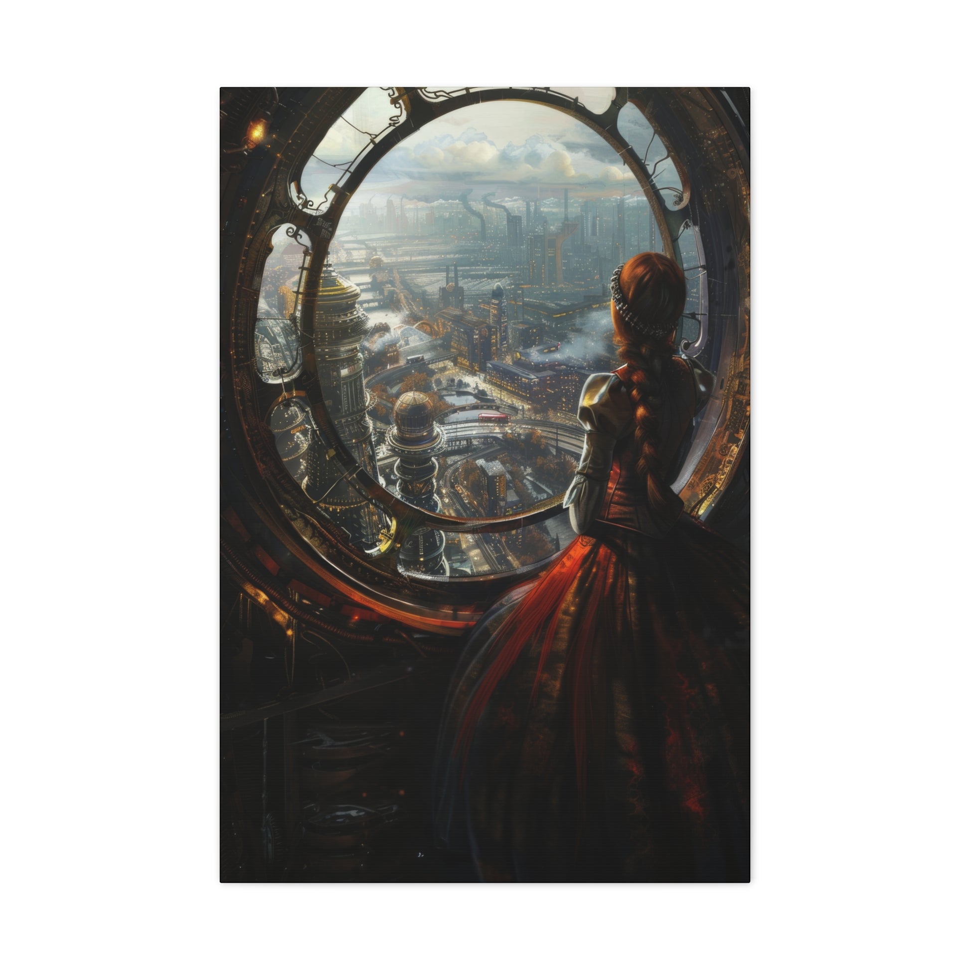 In a red dress, a girl peers through a circular window, taking in the industrial beauty of a steampunk cityscape.