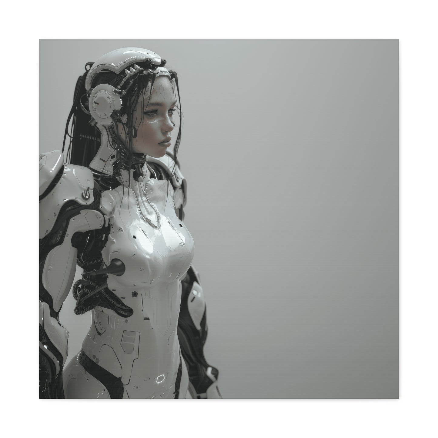 A woman in a white exoskeleton stands before a gray background, embodying the blend of advanced technology and human traits.