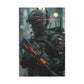 A high-tech robot soldier with an orange helmet glows in a cyberpunk urban environment, armed and prepared for action.