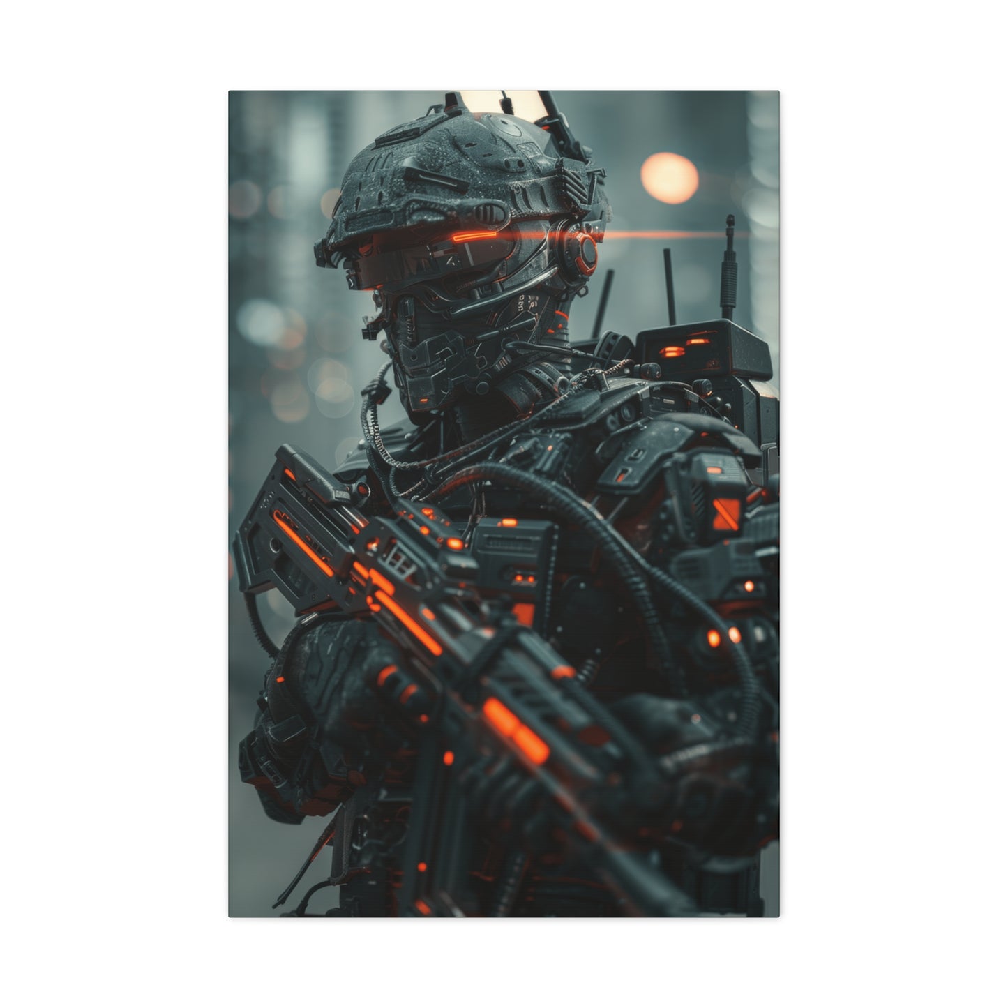 A high-tech robot soldier with an orange helmet glows in a cyberpunk urban environment, armed and prepared for action.