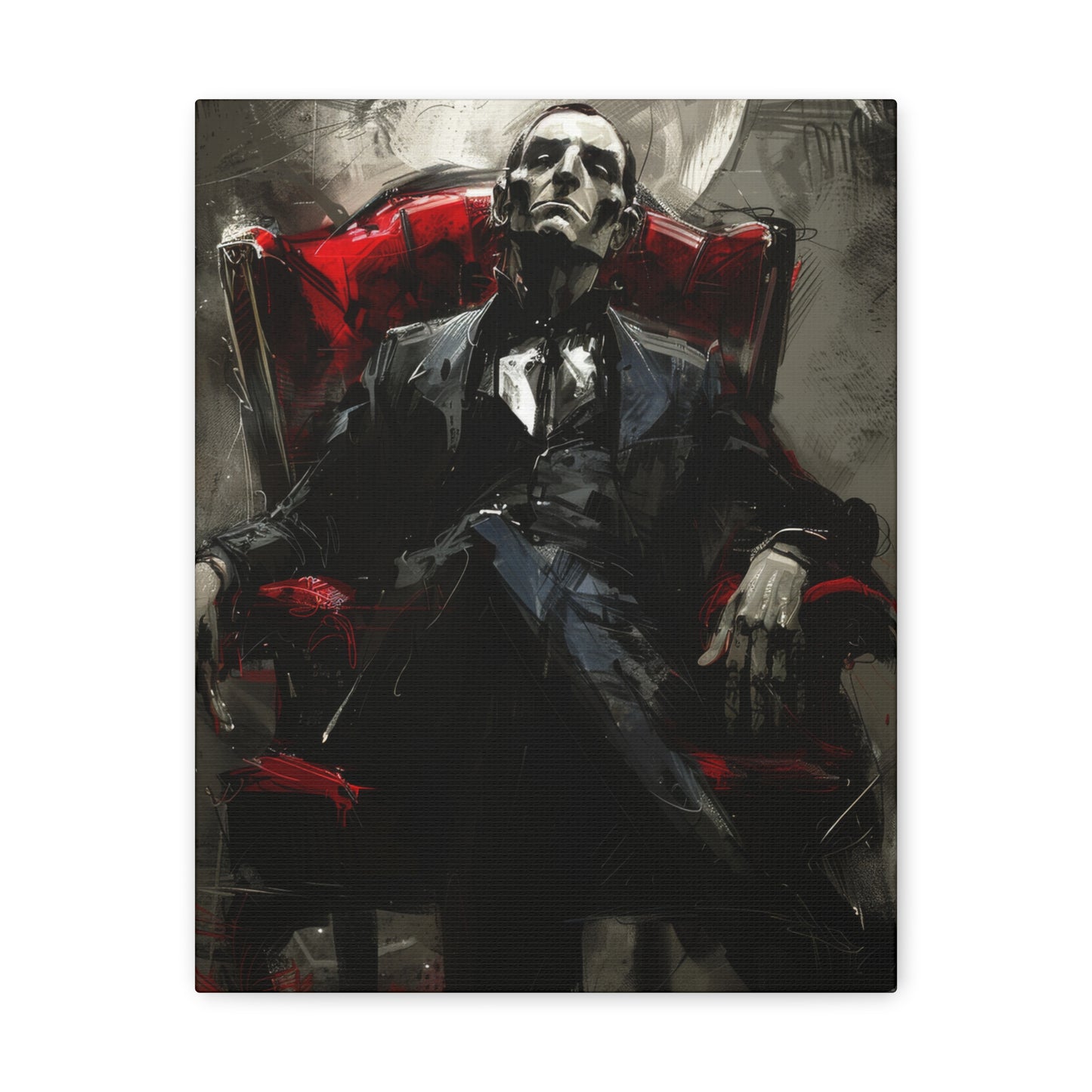 Dark and moody, a pale man in a suit lounges in a vintage armchair, radiating an eerie, aristocratic aura.