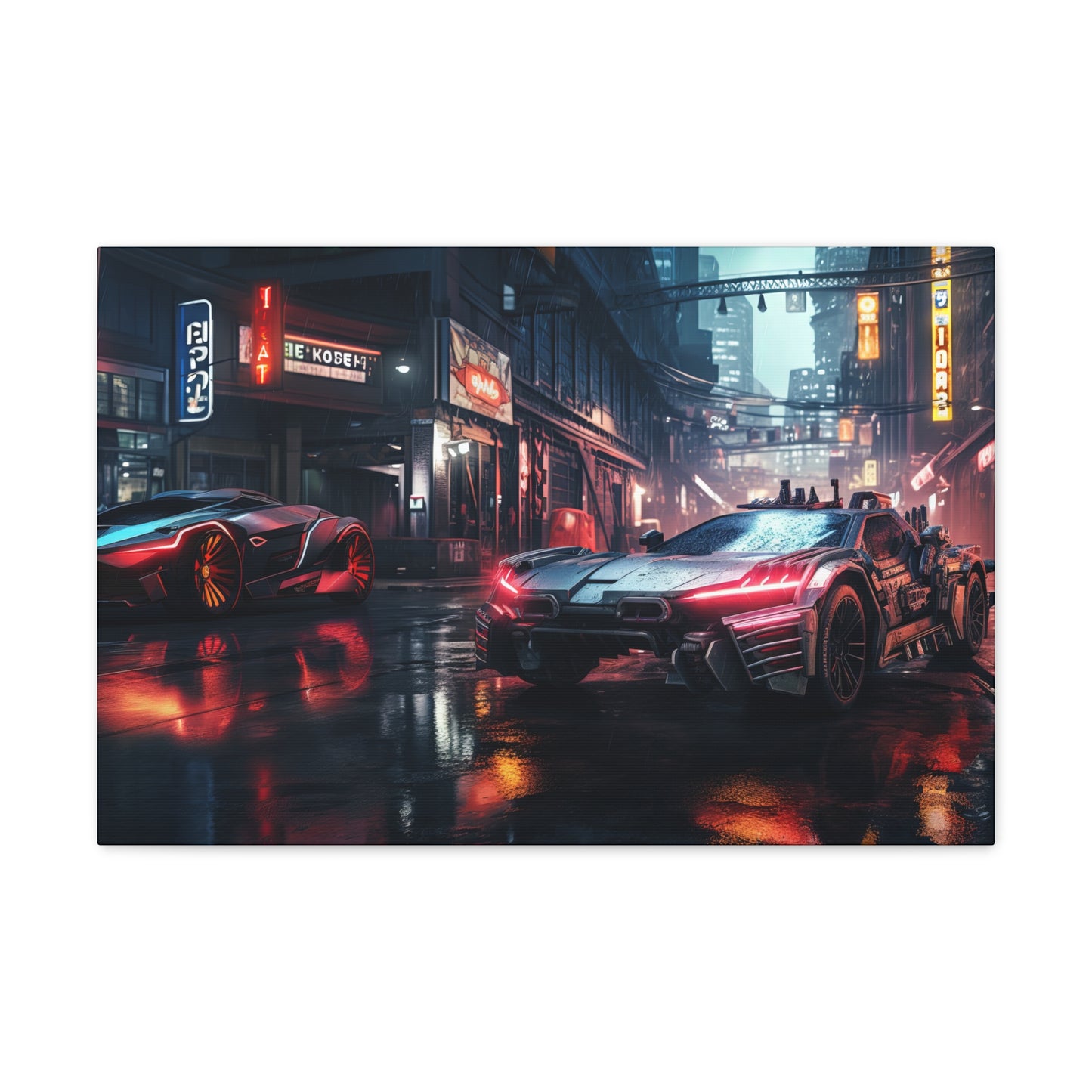 Futuristic armored cars parked on a rainy street, illuminated by neon lights and vibrant signs in a cyberpunk city at night.