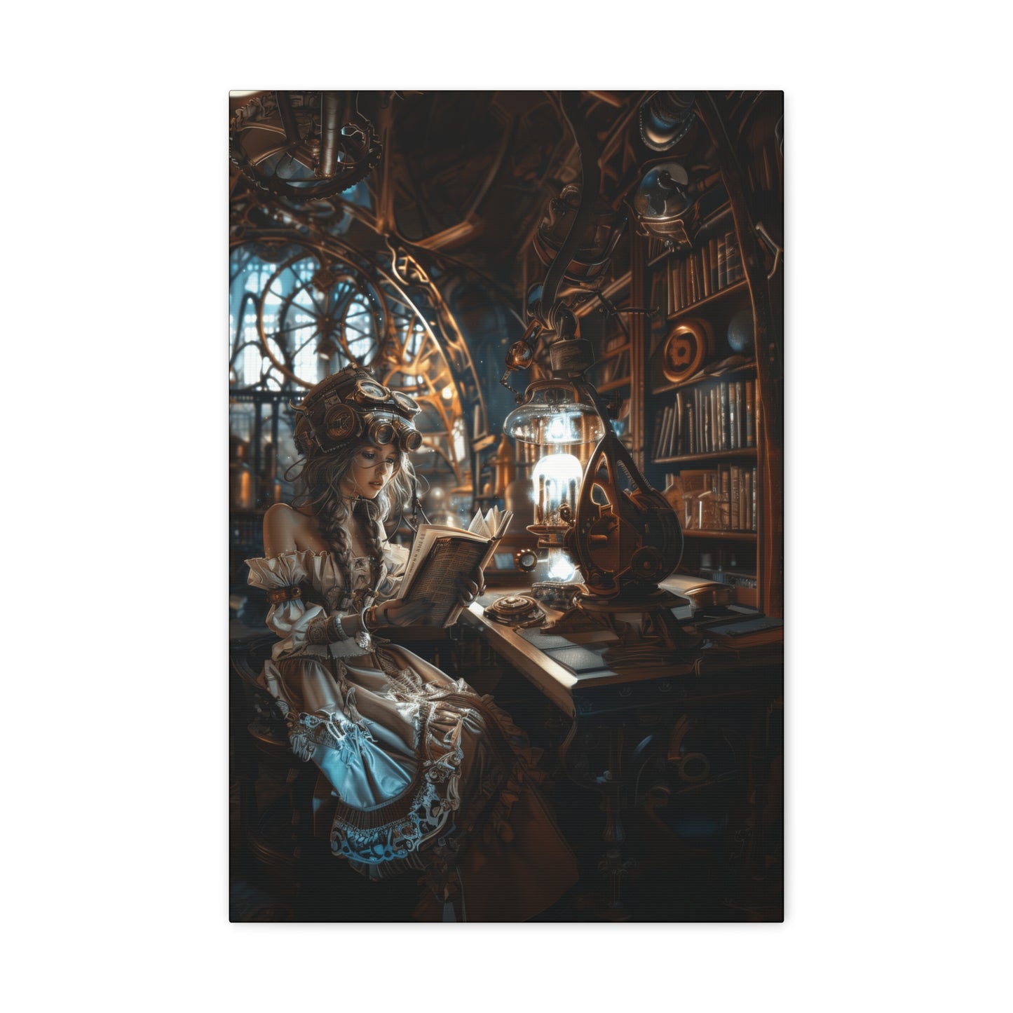 In a steampunk study, a woman in Victorian dress reads a book, surrounded by brass details and clockwork, creating a mysterious vibe.