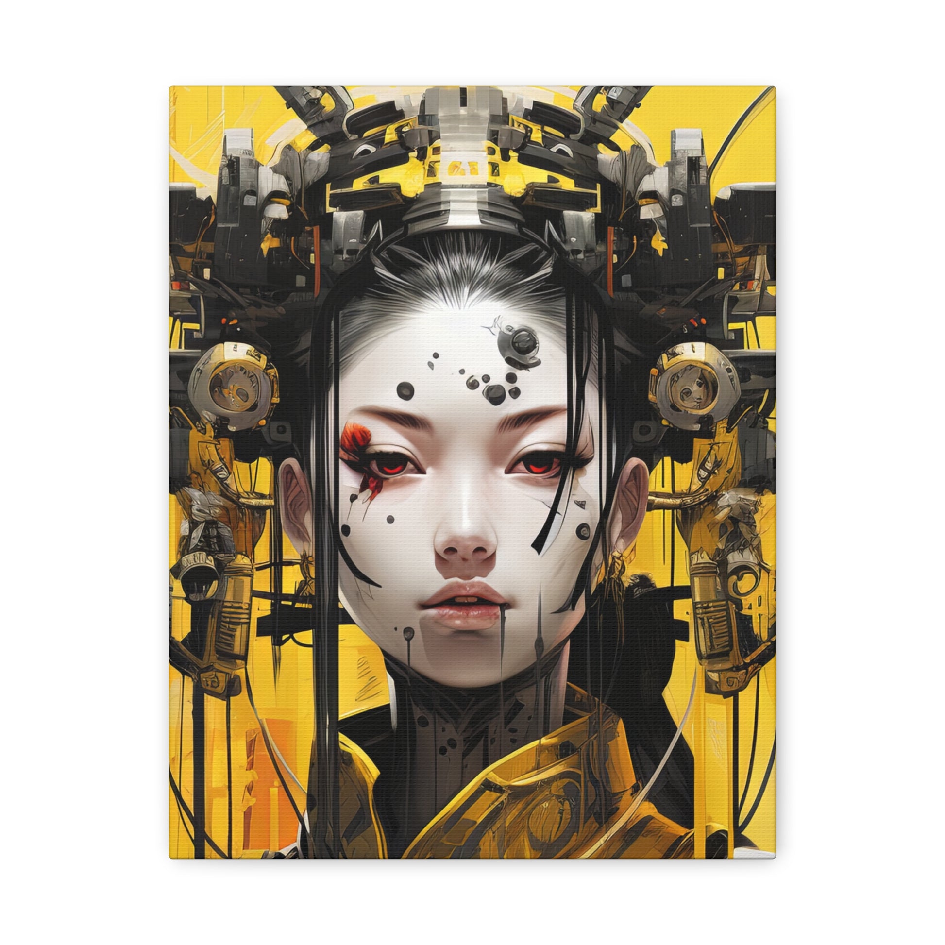 Lady in Yellow cyberpunk canvas art with mechanical headdress close-up