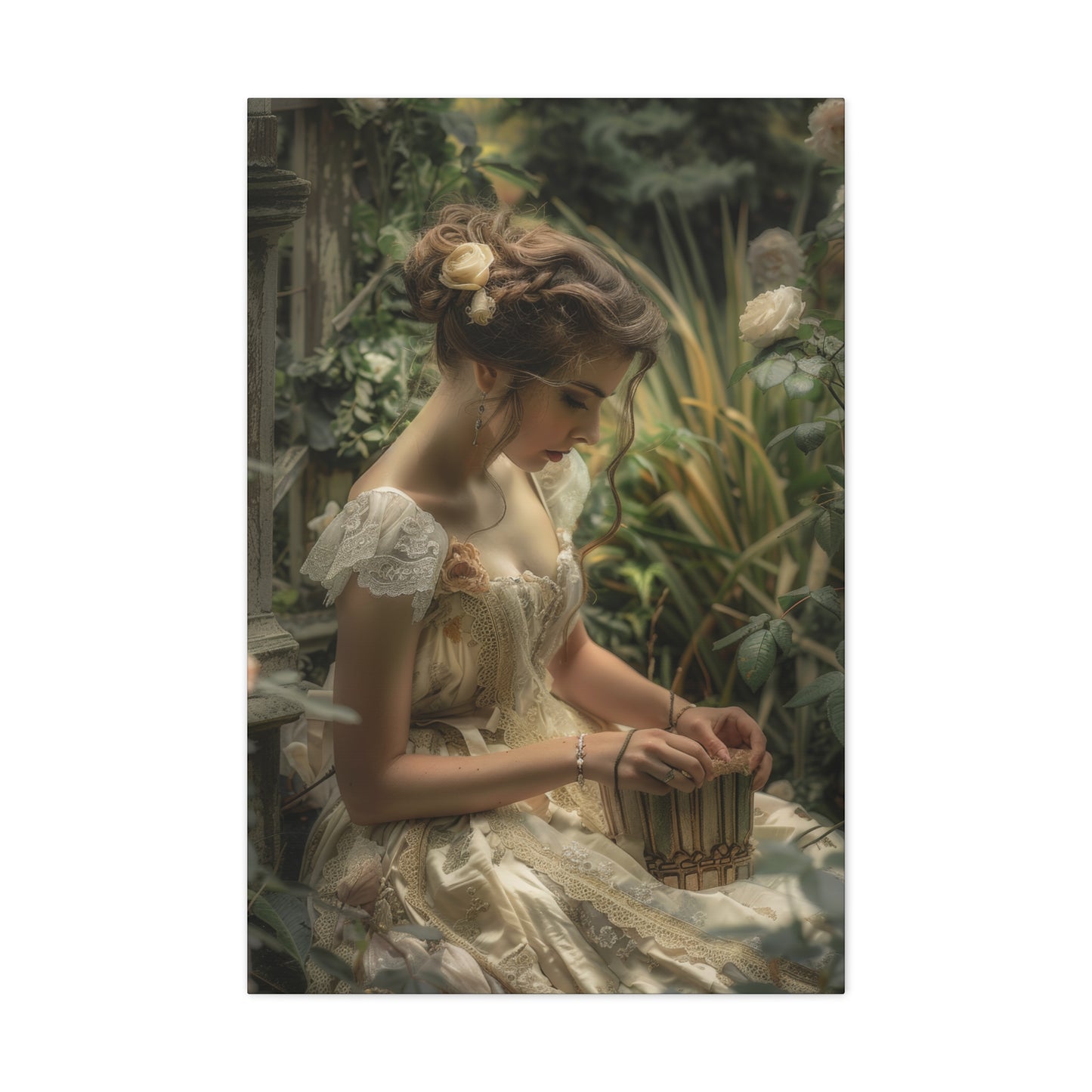 In a whimsical garden, a woman in a lace Victorian dress sits with a wicker basket, surrounded by soft, magical lighting.