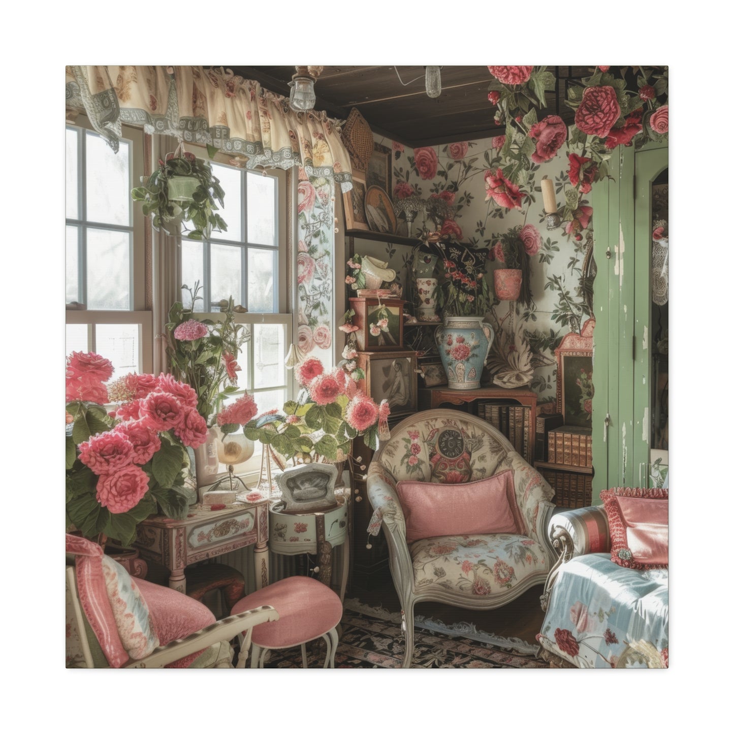 A charming room adorned with pink roses, a vintage floral chair, and antique decor, evoking a cozy garden atmosphere.