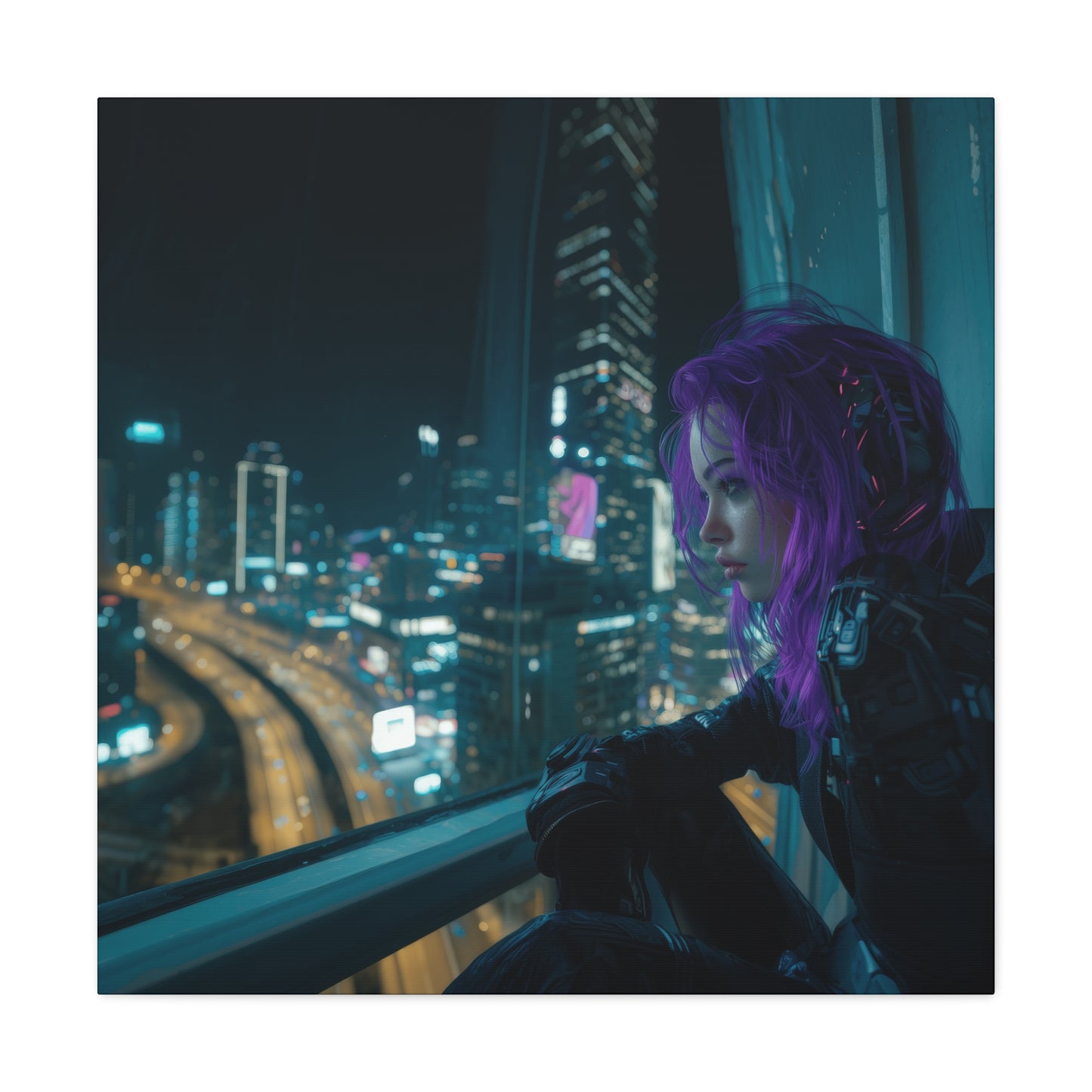 A purple-haired cyberpunk girl rests on a high-rise window ledge, reflecting on the illuminated city beneath her in a futuristic nighttime setting.