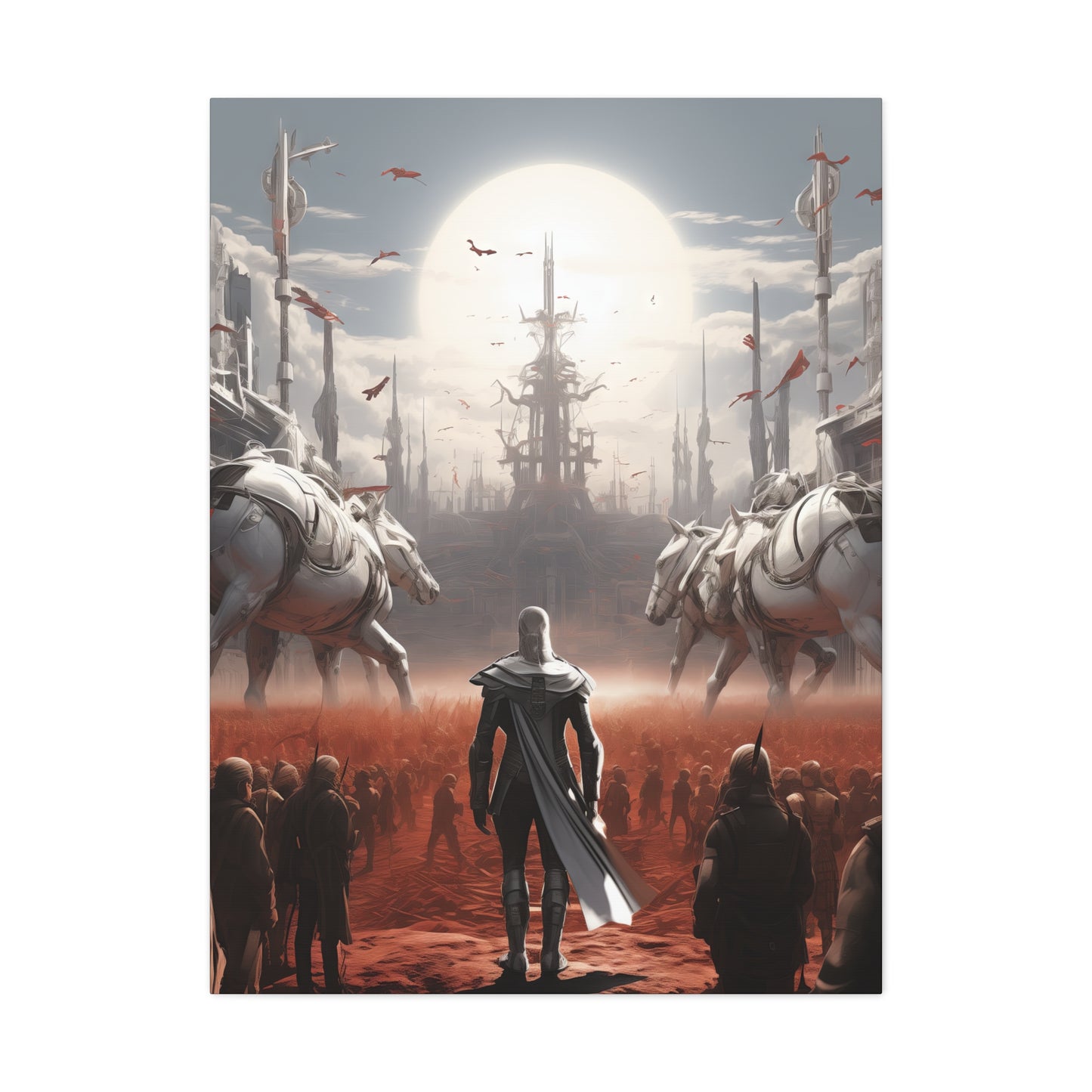 A futuristic warrior in a white cloak stands before a crowd, flanked by robotic horses against a sunlit, dusty landscape.