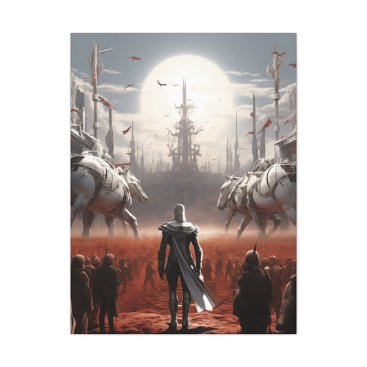 A futuristic warrior in a white cloak stands before a crowd, flanked by robotic horses against a sunlit, dusty landscape.