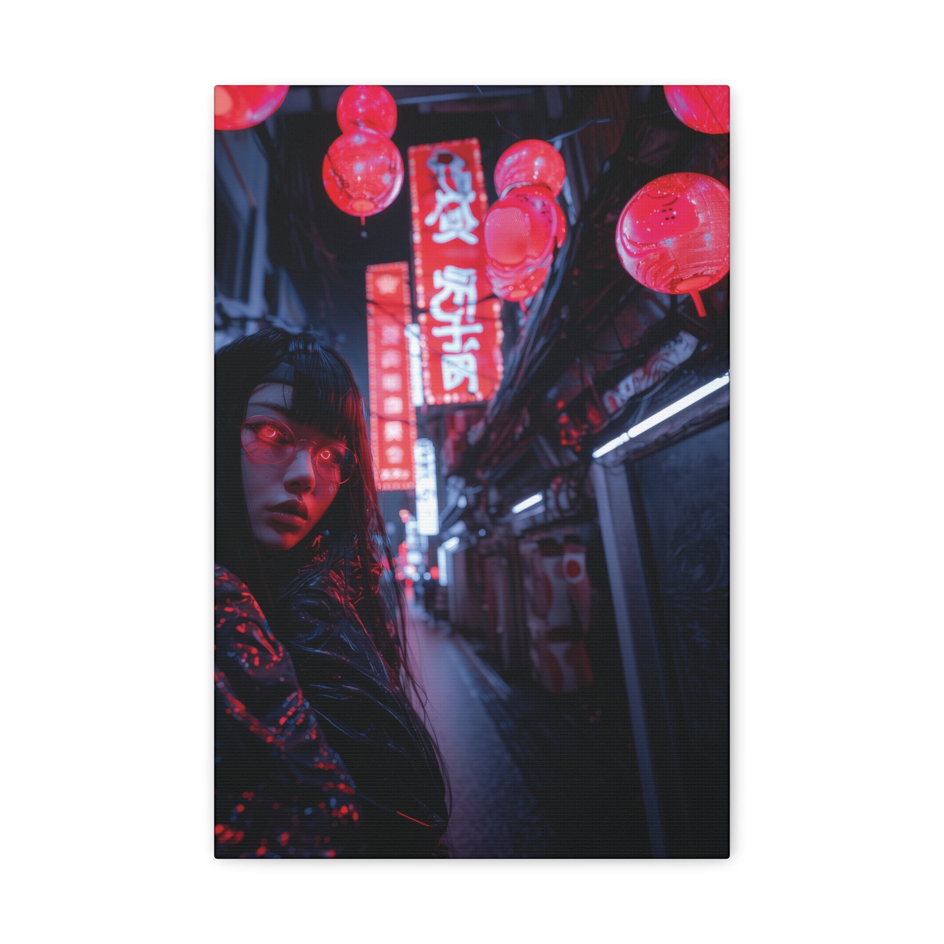 In a cyberpunk night scene, a woman with black hair and glowing eyes is surrounded by red lights in a shadowy alley.