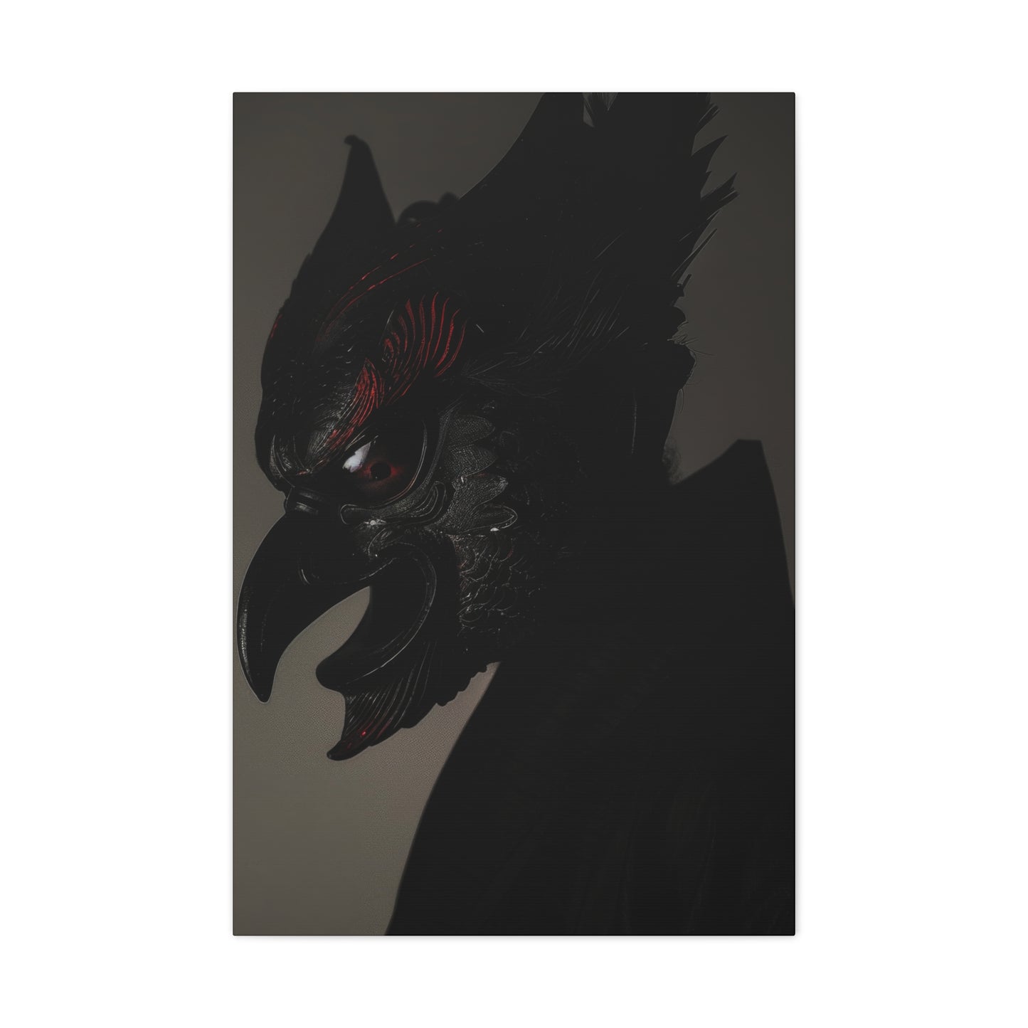 A sinister black and red bird mask with glowing red eyes, exuding a creepy and gothic horror aesthetic.