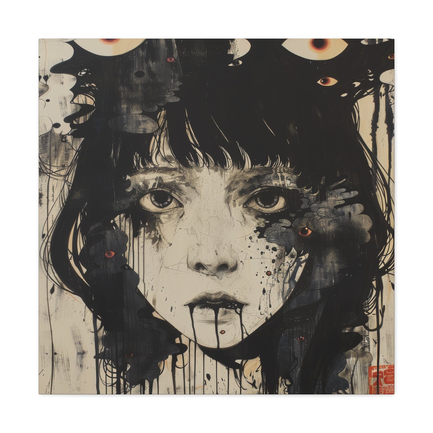 Surreal portrait of a girl with haunting black eyes, featuring dark, dripping paint and an unsettling expression.