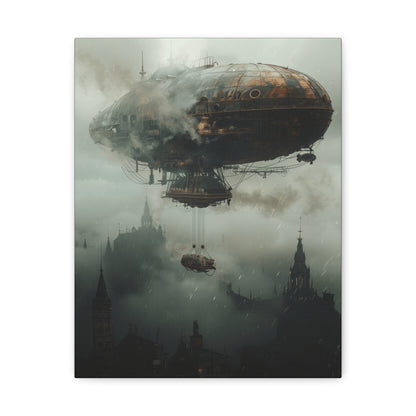 A vintage steampunk airship floats above a misty gothic cityscape, showcasing detailed brass and metal craftsmanship.