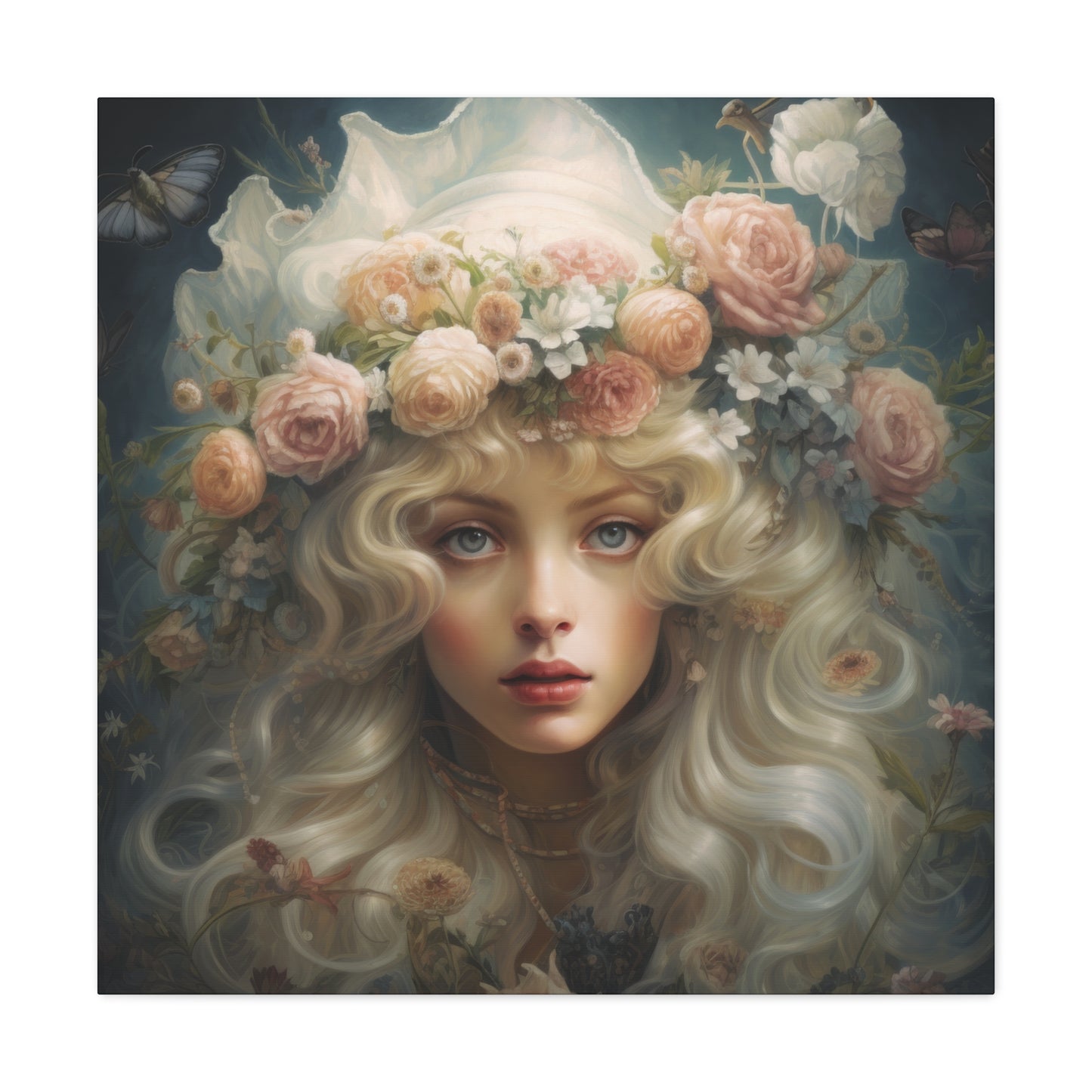 A dreamy portrait of a woman with wavy blonde hair, adorned with a floral crown, surrounded by butterflies and pastel hues.