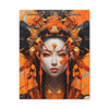 Futuristic portrait of a Geisha woman with vibrant orange hair and a mechanical headdress in gold tones, blending tradition and tech.