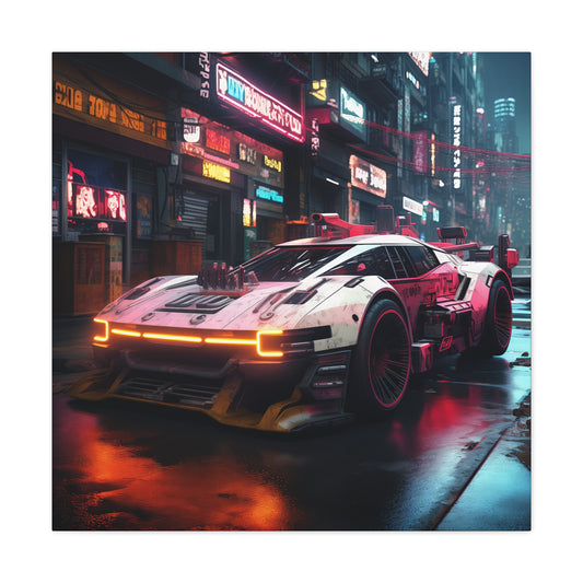 A sleek futuristic sports car with neon accents glides through a vibrant, rain-soaked cyberpunk city at night.