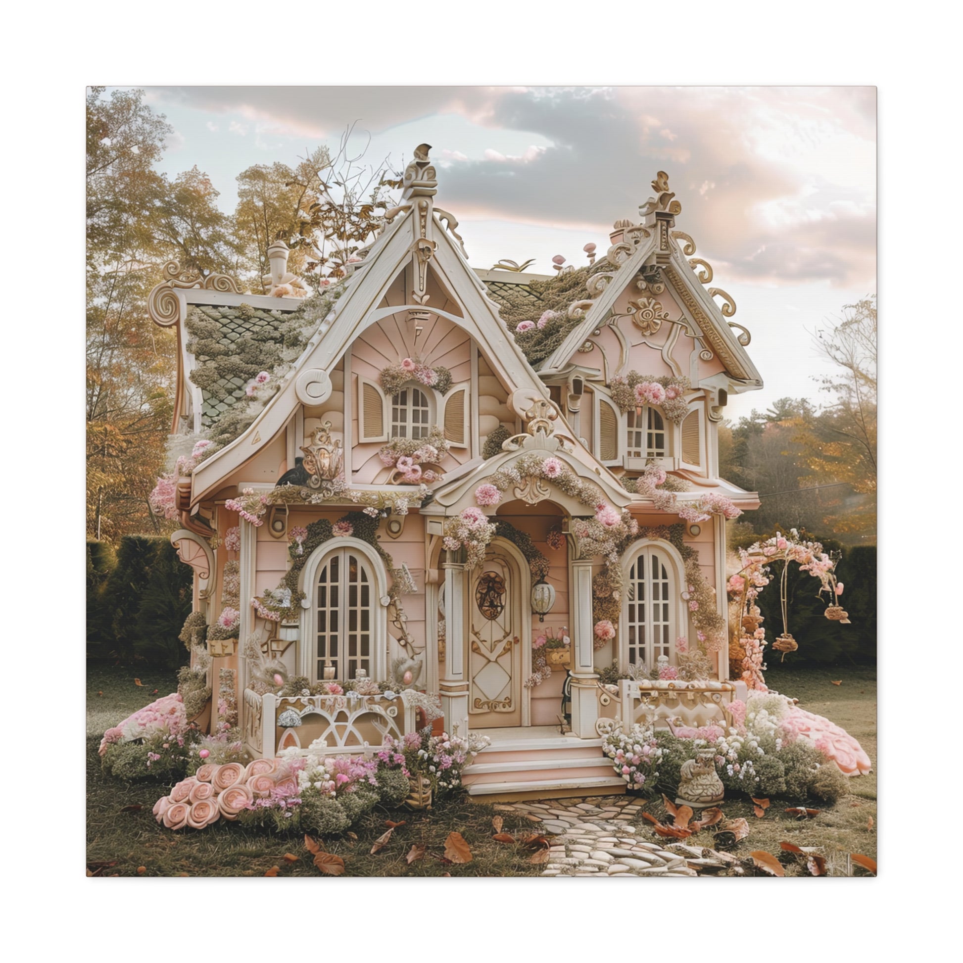 A quaint pink fairy cottage with blooming flowers, embodying a fairytale charm in a dreamy, vintage-style outdoor setting.