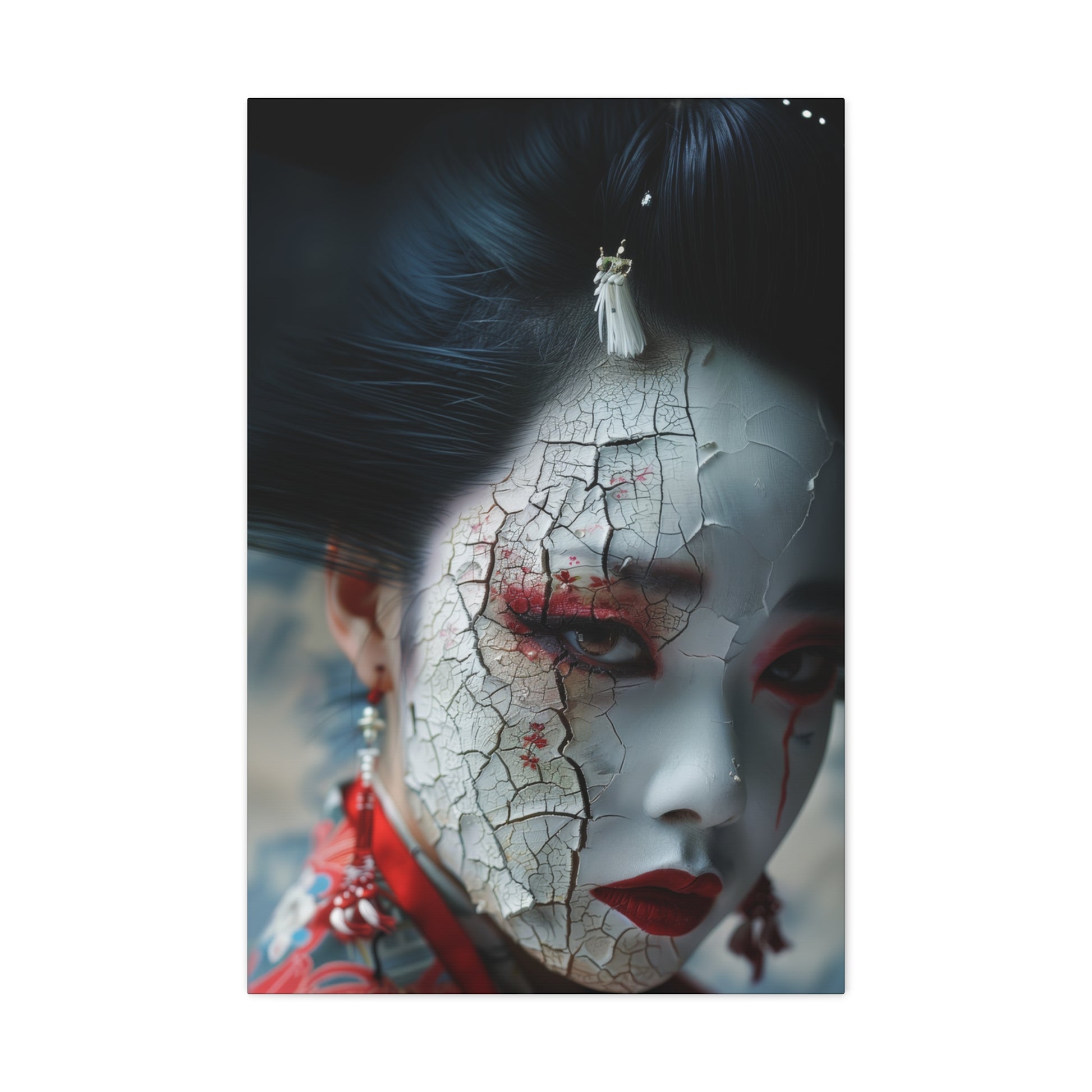 Close-up of a geisha with a porcelain-like face, vivid red makeup, and unsettling eyes, merging beauty with an eerie decay.