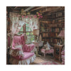 A cozy reading nook featuring a vintage pink chair, rustic bookshelves, and floral curtains in a quaint cottage setting.