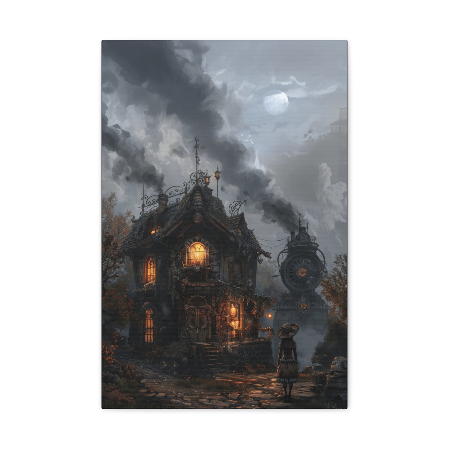 A mysterious house with glowing windows and a steam train in a moonlit scene, blending gothic and steampunk styles.