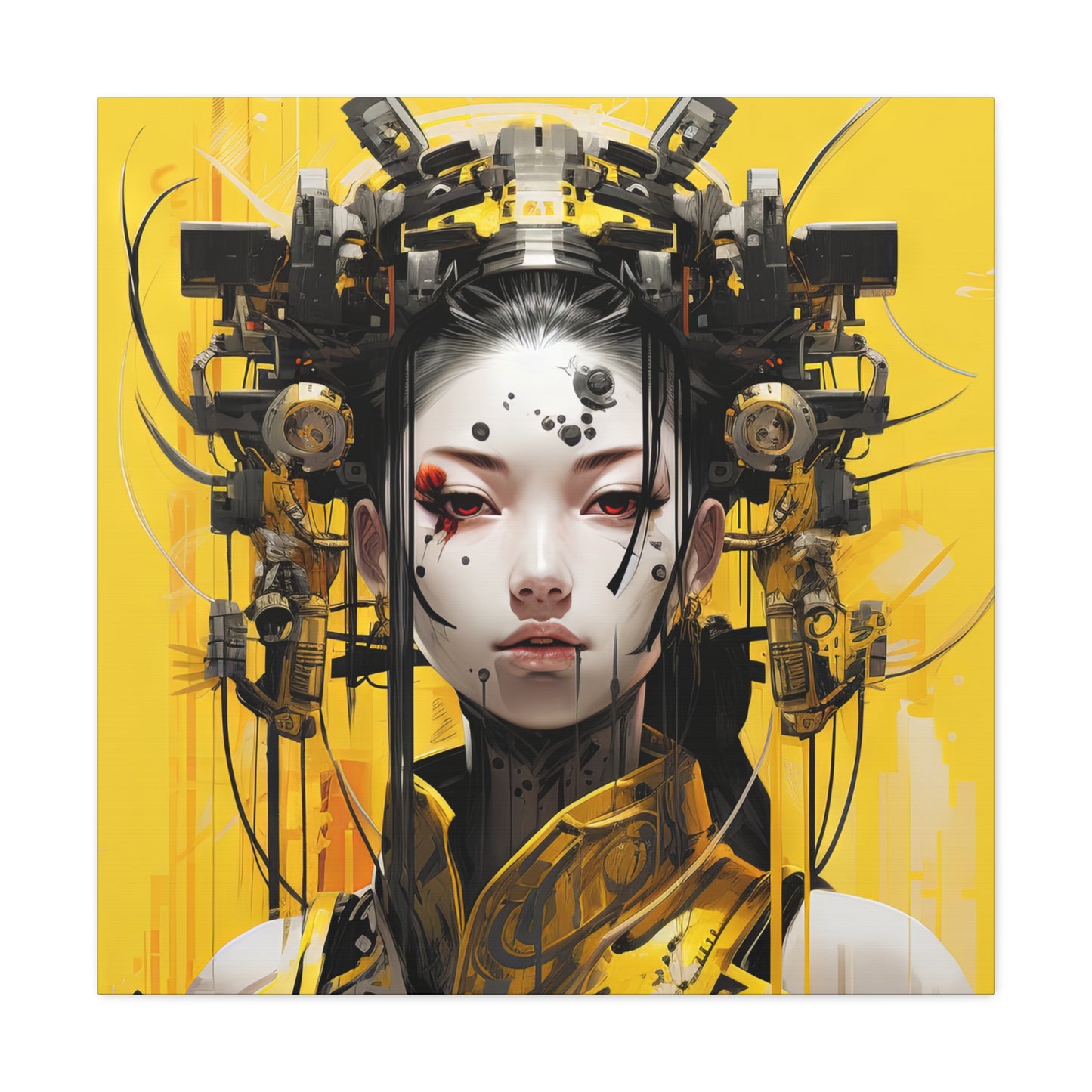 Lady in Yellow cyberpunk canvas art with mechanical headdress