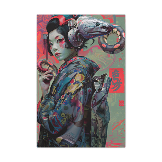 A woman in a vibrant kimono with cybernetic headgear, elegantly holding a snake, merging tradition with futuristic flair.