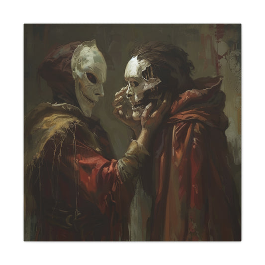  Two eerie figures in horror masks embrace, shrouded in dark cloaks, creating a chilling, gothic atmosphere.