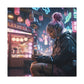 A cyberpunk woman with pink hair sits on a bench in the rain, holding a drink in a neon-lit futuristic cityscape.