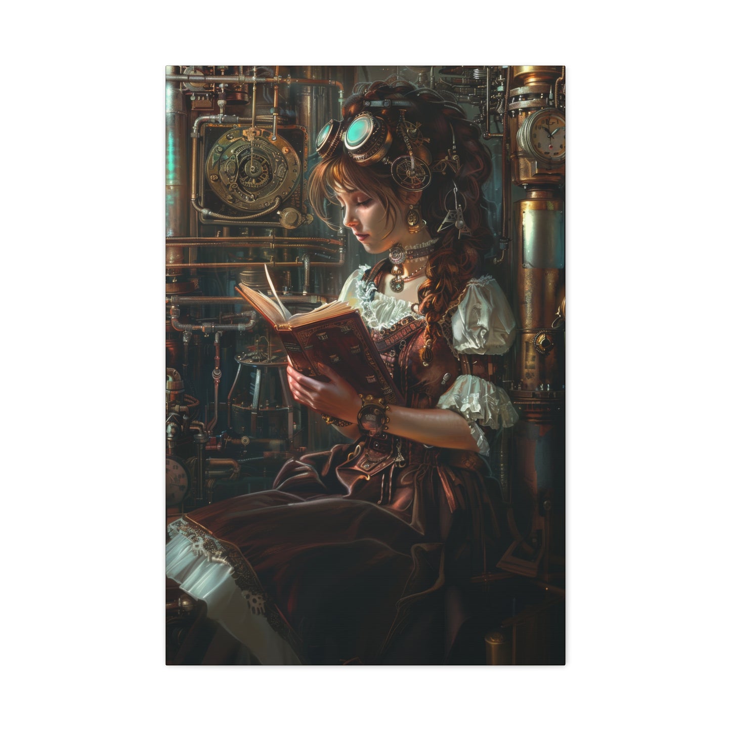 A young woman in steampunk attire reads a book surrounded by brass pipes and gears, embodying a retro-futuristic vibe.