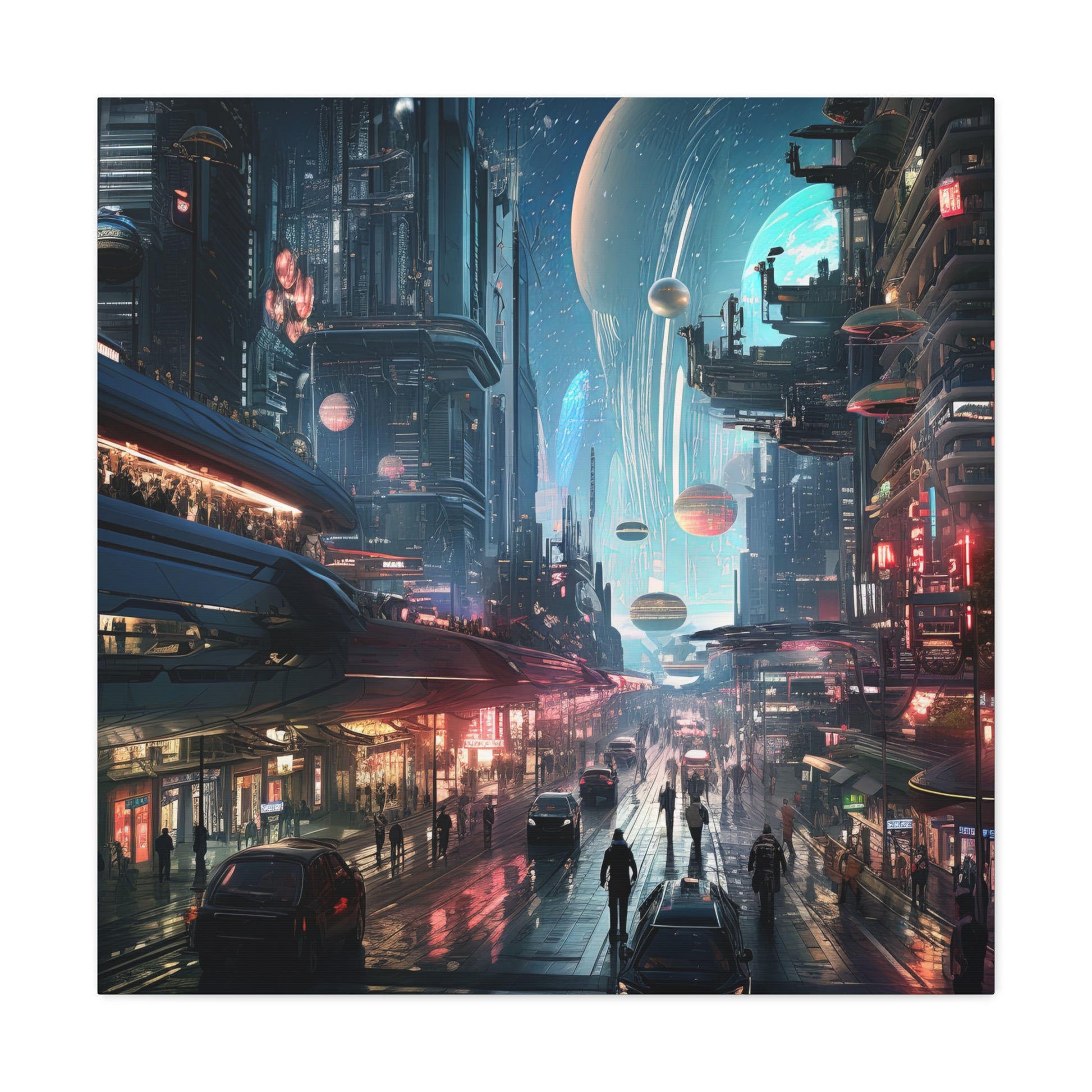 A vibrant futuristic city with neon streets, floating structures, and people strolling under a cosmic sky filled with distant planets.