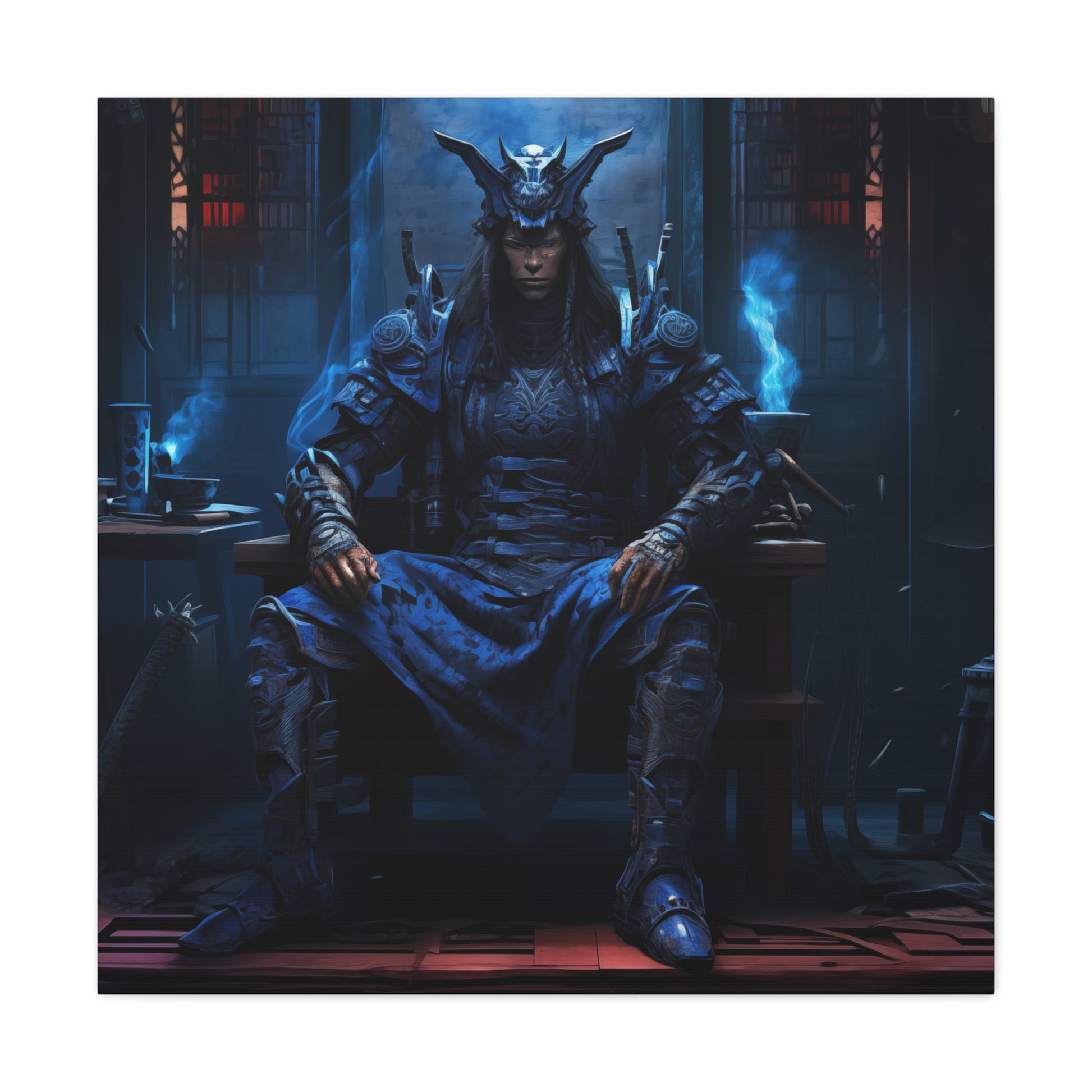 A futuristic samurai in intricate blue armor sits on a chair, surrounded by glowing blue embers in a dimly lit room.