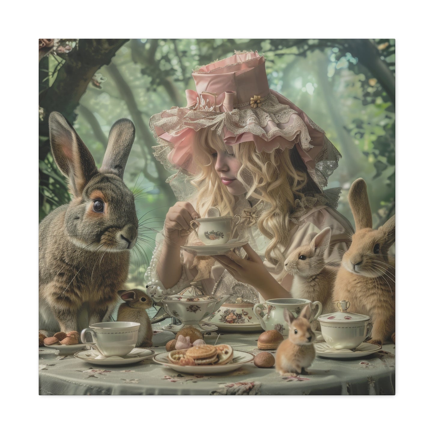 A woman in a hat and bunny ears enjoys tea with rabbits in a whimsical garden, surrounded by lush greenery and delicate teacups.