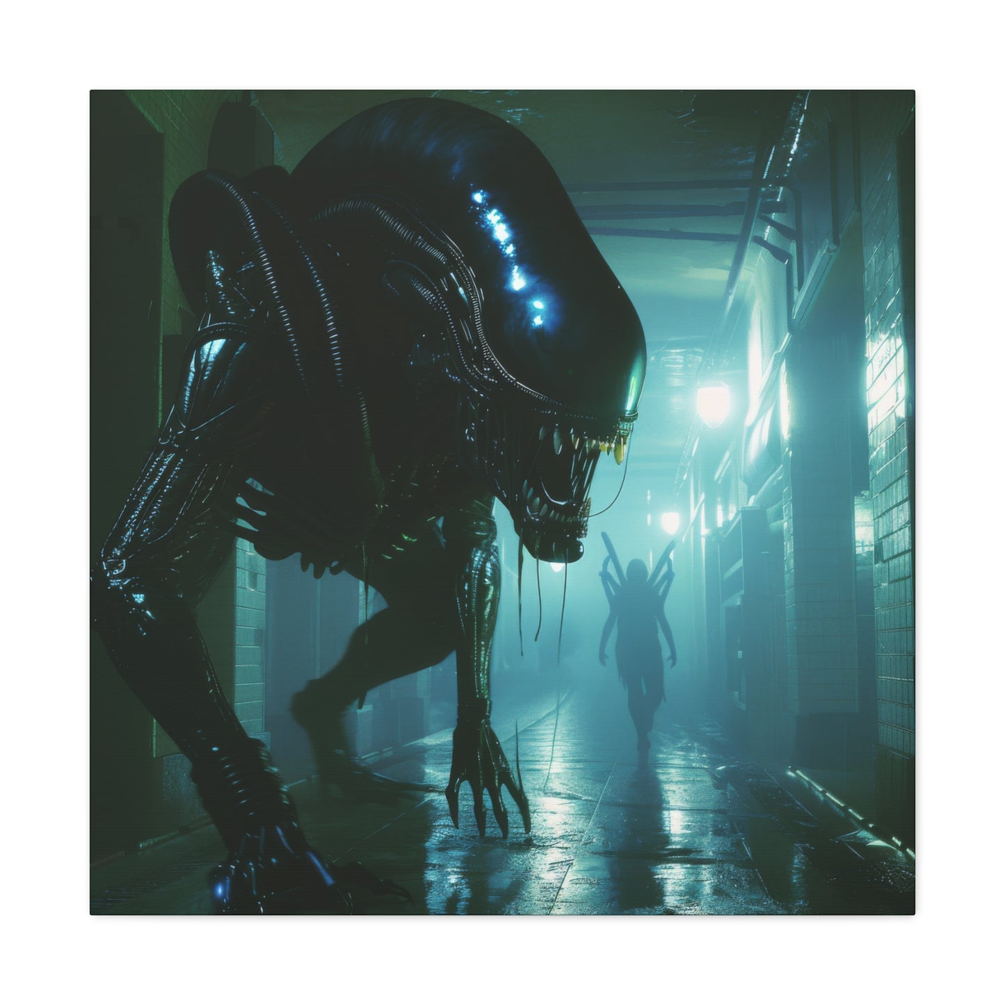 Aliens navigate a dimly lit alley, a shadowy figure lurking nearby, evoking a chilling and suspenseful ambiance.