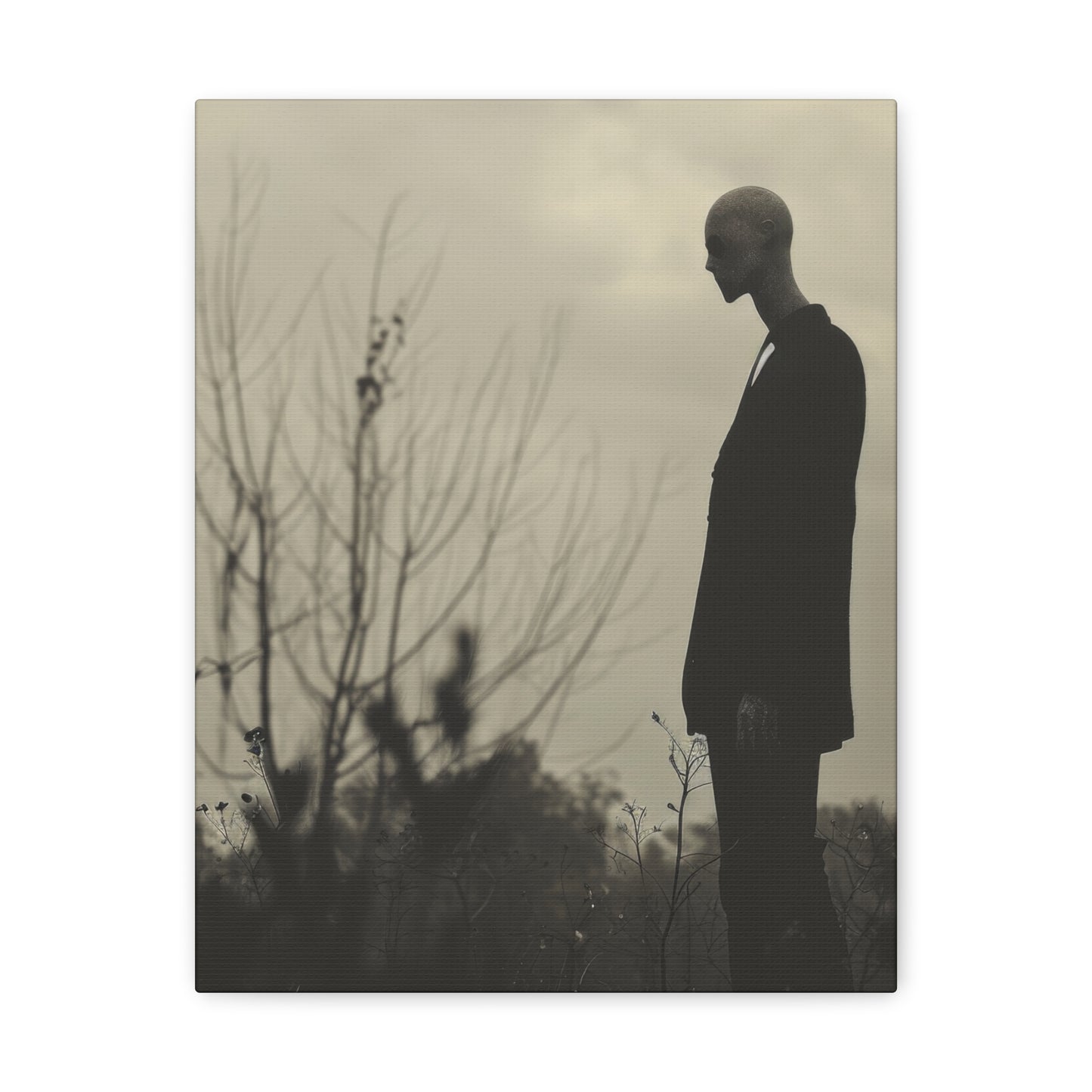  A haunting, faceless man in a suit stands alone in a desolate field, surrounded by twisted branches and a gloomy atmosphere.